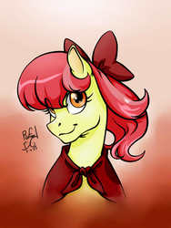 Size: 768x1024 | Tagged: safe, artist:treblinka, apple bloom, earth pony, pony, g4, female, filly, foal, smiling, solo
