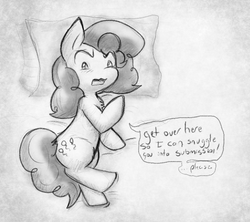 Size: 906x803 | Tagged: safe, artist:zutcha, pinkie pie, earth pony, pony, g4, angry, chest fluff, female, pillow, sketch, solo