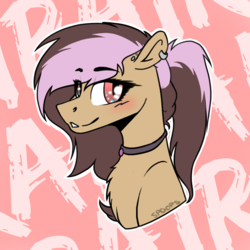 Size: 1280x1280 | Tagged: safe, artist:spoopygander, oc, oc only, oc:ira, pony, blushing, chest fluff, collar, ear piercing, earring, eyebrows, eyebrows visible through hair, jewelry, outline, piercing, smiling, solo