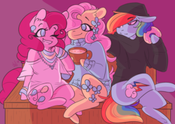 Size: 1280x905 | Tagged: safe, artist:salty-irish-potato, fluttershy, pinkie pie, rainbow dash, earth pony, pegasus, semi-anthro, g4, arm hooves, bench, bracelet, chest fluff, clothes, coffee, donut, ear fluff, ear piercing, earring, food, hoodie, jewelry, necklace, one eye closed, piercing, shirt, smiling, sweater, wink