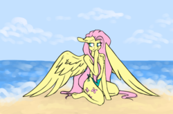 Size: 1280x847 | Tagged: safe, artist:spoopygander, fluttershy, anthro, unguligrade anthro, g4, beach, chest fluff, clothes, ocean, partial nudity, solo, topless, tumblr upload