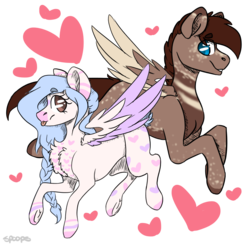 Size: 800x780 | Tagged: safe, artist:spoopygander, oc, oc only, pegasus, pony, chest fluff, female, flying, heart, male, raspberry, straight, tongue out, tumblr upload, underhoof