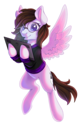 Size: 918x1392 | Tagged: safe, artist:shady-bush, oc, oc only, oc:trinity sketch, pegasus, pony, clothes, female, glasses, mare, mouth hold, simple background, solo, sweater, tablet, transparent background