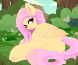Size: 3800x3150 | Tagged: safe, alternate version, artist:xsatanielx, fluttershy, butterfly, pegasus, pony, rcf community, g4, butt, cute, dock, featureless crotch, female, flutterbutt, high res, mare, plot, shyabetes, solo, tail, wings, ych result