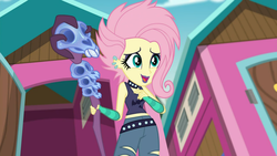 Size: 1366x768 | Tagged: safe, screencap, fluttershy, equestria girls, g4, my little pony equestria girls: choose your own ending, the road less scheduled, the road less scheduled: fluttershy, choker, clothes, crystal skull staff, cute, ear piercing, earring, eyeshadow, female, flutterpunk, jewelry, lipstick, makeup, midriff, piercing, ripped pants, shyabetes, skull, sleeveless, solo, tank top