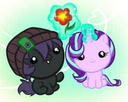 Size: 1096x871 | Tagged: safe, artist:askcolorflare, starlight glimmer, oc, oc:steel jack, earth pony, pony, unicorn, g4, checkered background, chibi, cute, duo, female, flower, glowing horn, horn, magic, male, mare, not nyx, simple background, stallion, telekinesis