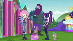 Size: 1920x1080 | Tagged: safe, screencap, fluttershy, rift axe, sci-twi, spike, spike the regular dog, twilight sparkle, dog, equestria girls, equestria girls series, g4, the road less scheduled, the road less scheduled: fluttershy, spoiler:choose your own ending (season 2), spoiler:eqg series (season 2), background human, boots, choker, clothes, crystal skull staff, cute, ear piercing, earring, eyeshadow, female, fingerless gloves, flutterpunk, geode of telekinesis, gloves, high heel boots, jewelry, lipstick, magical geodes, makeup, male, midriff, piercing, ponytail, ripped pants, shoes, shyabetes, skull, sleeveless, spike's dog collar, tank top