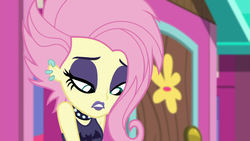 Size: 1920x1080 | Tagged: safe, screencap, fluttershy, equestria girls, g4, my little pony equestria girls: choose your own ending, the road less scheduled, the road less scheduled: fluttershy, choker, ear piercing, earring, eyeliner, eyeshadow, female, flutterpunk, goth, jewelry, lipstick, makeup, piercing, purple lipstick, ripped pants, sleeveless, solo