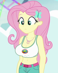 Size: 850x1080 | Tagged: safe, edit, edited screencap, editor:ah96, screencap, fluttershy, equestria girls, equestria girls specials, g4, my little pony equestria girls: better together, my little pony equestria girls: rollercoaster of friendship, belly button, big breasts, breast edit, breasts, busty fluttershy, camp everfree outfits, cleavage, cropped, female, geode of fauna, magical geodes, midriff, sexy, solo