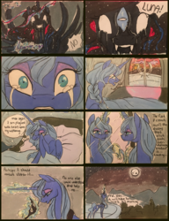 Size: 2626x3420 | Tagged: safe, artist:candasaurus, princess luna, tantabus, alicorn, pony, g4, bed, crying, female, hairbrush, high res, mare, mirror, moon, nightmare, s1 luna, solo, traditional art, young luna