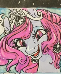 Size: 1054x1280 | Tagged: safe, artist:candasaurus, princess celestia, alicorn, pony, g4, alternate hairstyle, bust, ear piercing, earring, female, happy, jewelry, mare, piercing, pink-mane celestia, portrait, smiling, traditional art