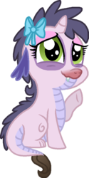 Size: 415x831 | Tagged: safe, artist:starryoak, oc, oc only, oc:miracle, dragon, miracleverse, bow, dragon oc, fangs, female, hair bow, parent:rarity, parent:spike, simple background, sitting, solo, story included, transparent background