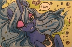 Size: 1280x835 | Tagged: safe, artist:candasaurus, princess luna, alicorn, pony, g4, female, flower, grass, mare, on back, one eye closed, s1 luna, solo, traditional art