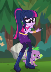 Size: 374x533 | Tagged: safe, screencap, sci-twi, spike, spike the regular dog, twilight sparkle, dog, equestria girls, g4, my little pony equestria girls: choose your own ending, the road less scheduled, boots, cellphone, clothes, cropped, female, glasses, male, pantyhose, phone, ponytail, shoes, skirt, smartphone, spike's dog collar, tail