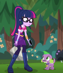 Size: 476x553 | Tagged: safe, screencap, sci-twi, spike, spike the regular dog, twilight sparkle, dog, equestria girls, g4, my little pony equestria girls: choose your own ending, the road less scheduled, boots, cellphone, clothes, cropped, glasses, pantyhose, paws, phone, ponytail, shoes, skirt, smartphone, smiling, spike's dog collar
