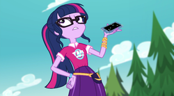 Size: 720x397 | Tagged: safe, screencap, sci-twi, twilight sparkle, equestria girls, g4, my little pony equestria girls: choose your own ending, the road less scheduled, cellphone, clothes, female, glasses, phone, ponytail, skirt, sky, smartphone