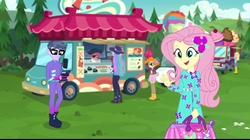 Size: 719x404 | Tagged: safe, screencap, carrot bun, fluttershy, micro chips, princess celestia, principal celestia, scribble dee, equestria girls, g4, my little pony equestria girls: choose your own ending, the road less scheduled, clothes, female, food, geode of fauna, magical geodes, male, mc dex fx, sushi, truck