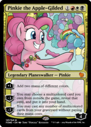 Size: 374x522 | Tagged: safe, artist:pencils, edit, idw, pinkie pie, rainbow dash, earth pony, pony, friendship is magic #69, g4, balloon, candy, ccg, female, food, lollipop, magic the gathering, mare, planeswalker, trading card, trading card edit