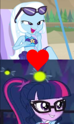 Size: 410x679 | Tagged: safe, edit, edited screencap, screencap, sci-twi, trixie, twilight sparkle, equestria girls, equestria girls specials, g4, my little pony equestria girls: better together, my little pony equestria girls: forgotten friendship, star crossed, beach chair, chair, clothes, female, geode of telekinesis, glasses, heart, lesbian, magical geodes, ship:sci-twixie, ship:twixie, shipping, shipping domino, sunglasses, sunglasses on head, swimsuit