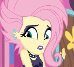Size: 451x406 | Tagged: safe, screencap, fluttershy, equestria girls, g4, my little pony equestria girls: choose your own ending, the road less scheduled, the road less scheduled: fluttershy, animated, choker, cute, ear piercing, eyeliner, eyeshadow, female, flutterpunk, gif, goth, jewelry, lipstick, makeup, metalshy, piercing, purple lipstick, shyabetes, skull, solo