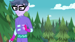 Size: 720x401 | Tagged: safe, screencap, micro chips, equestria girls, g4, my little pony equestria girls: choose your own ending, the road less scheduled, the road less scheduled: micro chips, clothes, fingerless gloves, forest, glasses, gloves, mc dex fx, smiling