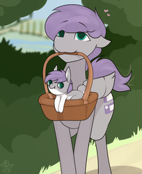 Size: 2448x3000 | Tagged: safe, artist:biepbot, oc, oc only, oc:luca, oc:luca bunny, earth pony, pegasus, pony, rabbit, animal, basket, bush, cute, heart, high res, male, outdoors, path, pony in a basket, stallion