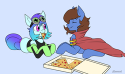 Size: 4804x2846 | Tagged: safe, artist:neoncel, oc, oc only, oc:bizarre song, oc:raven mcchippy, earth pony, pony, cape, clothes, duo, food, goggles, lying down, meat, pepperoni, pepperoni pizza, pizza, prone