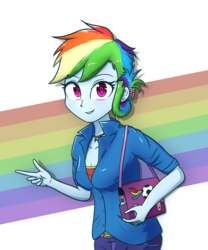 Size: 1666x2000 | Tagged: safe, artist:yinglung, rainbow dash, equestria girls, g4, alternate hairstyle, breasts, busty rainbow dash, cleavage, female, handbag, looking at you, mother, older, pointing, rainbow mom, short hair rainbow dash, soccer mom, solo