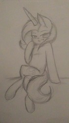 Size: 720x1280 | Tagged: safe, artist:salty-irish-potato, trixie, pony, unicorn, semi-anthro, g4, arm hooves, female, monochrome, open mouth, sketch, smiling, solo, traditional art