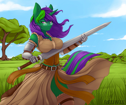 Size: 6000x5000 | Tagged: safe, artist:redwix, oc, oc only, oc:buggy code, unicorn, anthro, absurd resolution, anthro oc, belt, big breasts, breasts, clothes, corset, female, female oc, gauntlet, glasses, grass field, knight, scenery, solo, sword, tree, weapon