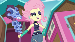 Size: 1366x768 | Tagged: safe, screencap, fluttershy, equestria girls, g4, my little pony equestria girls: choose your own ending, the road less scheduled, the road less scheduled: fluttershy, choker, clothes, crystal skull staff, eyeliner, eyeshadow, female, flutterpunk, goth, lipstick, makeup, metalshy, midriff, purple lipstick, skull, sleeveless, solo, tank top