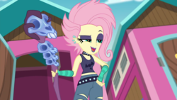 Size: 1366x768 | Tagged: safe, screencap, fluttershy, equestria girls, g4, my little pony equestria girls: choose your own ending, the road less scheduled, the road less scheduled: fluttershy, alternate hairstyle, clothes, eyeliner, eyeshadow, female, flutterpunk, goth, lipstick, makeup, midriff, purple lipstick, skull, sleeveless, solo, staff, tank top