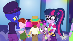 Size: 720x403 | Tagged: safe, screencap, duke suave, raspberry lilac, sci-twi, space camp, spike, spike the regular dog, twilight sparkle, dog, equestria girls, g4, my little pony equestria girls: choose your own ending, the road less scheduled, the road less scheduled: micro chips, background human, clothes, female, geode of telekinesis, glasses, hat, holding hands, magical geodes, male, offscreen character, paws, ponytail, shorts, skirt, spike's dog collar