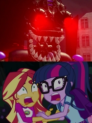 Size: 1920x2560 | Tagged: safe, edit, screencap, sci-twi, sunset shimmer, twilight sparkle, equestria girls, g4, my little pony equestria girls: legend of everfree, 3d, comparison, crossover, endoskeleton, five nights at freddy's, glowing eyes, meme, reaction image, red eyes, roar, screaming, shadow mecha, source filmmaker, the special strike, thehottest dog