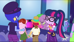 Size: 720x407 | Tagged: safe, screencap, duke suave, micro chips, raspberry lilac, sci-twi, space camp, spike, spike the regular dog, twilight sparkle, dog, equestria girls, g4, my little pony equestria girls: better together, the road less scheduled, the road less scheduled: micro chips, background human, clothes, cute, female, geode of telekinesis, glasses, holding hands, magical geodes, male, mc dex fx, ponytail, shorts, skirt, spikabetes, twiabetes