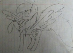 Size: 1280x920 | Tagged: safe, artist:salty-irish-potato, rainbow dash, pegasus, pony, g4, female, grin, lined paper, mare, monochrome, raised hoof, smiling, solo, spread wings, traditional art, wings