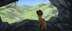Size: 2520x1080 | Tagged: safe, artist:amarthgul, applejack, earth pony, pony, g4, atg 2019, away from viewer, cave, female, mare, newbie artist training grounds, river, scenery, solo