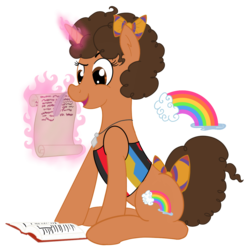 Size: 1200x1200 | Tagged: safe, artist:sixes&sevens, pony, unicorn, bill potts, book, bow, doctor who, female, jewelry, magic, necklace, ponified, quill, scroll, simple background, solo, transparent background, writing
