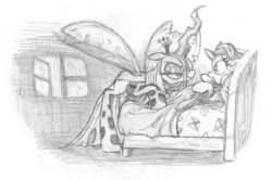 Size: 1200x797 | Tagged: safe, artist:yewdee, queen chrysalis, starlight glimmer, changeling, changeling queen, pony, unicorn, g4, atg 2019, bed, female, kite, mare, monochrome, newbie artist training grounds, open window, that pony sure does love kites, window