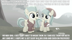 Size: 1366x770 | Tagged: safe, edit, edited screencap, screencap, barley barrel, pickle barrel, pegasus, pony, derpibooru, g4, my little pony: rainbow roadtrip, barleybetes, barrel twins, barrelbetes, beanie, blank flank, brother, brother and sister, caption, clothes, colt, cute, desaturated, dialogue, diaper, discovery family logo, exclamation point, family, female, filly, flower, freckles, grass, grass field, grayscale, happy, hat, hill, hoodie, logo, looking, looking at each other, male, meme, meta, monochrome, nostrils, numbers, open mouth, outdoors, picklebetes, question, question mark, shirt, siblings, sister, smiling, standing, sweater, symbol, t-shirt, talking, teeth, text, text edit, tree, twins, wall of tags