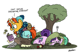 Size: 2884x1982 | Tagged: safe, artist:bobthedalek, starlight glimmer, sunburst, pony, unicorn, g4, atg 2019, book, boots, camping outfit, clothes, faceplant, female, hat, lamp, magic, male, mare, messy mane, mud, mushroom, newbie artist training grounds, shoes, stallion, starlight glimmer is not amused, tree, unamused