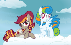 Size: 2941x1853 | Tagged: safe, artist:lightning stripe, derpibooru exclusive, oc, oc:autumn shimmer, oc:chasing clouds, pegasus, pony, g4, bedroom eyes, blue background, blue mane, brown coat, cloud, coat markings, curly hair, curly mane, curly tail, cutie mark, dappled, eyelashes, female, lying down, lying on a cloud, mare, pigtails, ponytail, red eyes, red mane, show accurate, simple background, sky, standing on a cloud, twintails, two toned wings, vector, white coat, white pupils