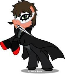 Size: 4522x5116 | Tagged: safe, artist:vector-brony, earth pony, pony, absurd resolution, clothes, crossover, gloves, joker (persona), mask, mouth hold, persona, persona 5, ponified, rearing, ren amamiya, shoes, simple background, solo, transparent background, video game crossover
