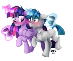 Size: 1600x1343 | Tagged: safe, artist:dragonfoxgirl, stygian, twilight sparkle, alicorn, pony, unicorn, g4, blushing, coffee cup, commission, commissioner:imperfectxiii, cup, deviantart watermark, female, male, obtrusive watermark, shipping, simple background, story included, straight, transparent background, twigian, twilight sparkle (alicorn), twiligian, watermark