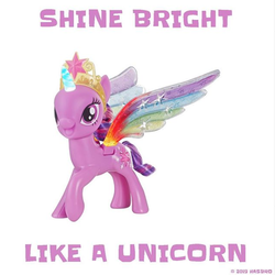Size: 597x597 | Tagged: safe, twilight sparkle, alicorn, pony, g4, my little pony: rainbow roadtrip, official, big crown thingy, colored wings, electronic toy, female, hasbro, instagram, irl, jewelry, multicolored wings, photo, rainbow wings, regalia, toy, twilight sparkle (alicorn), wing bling, wings, you had one job