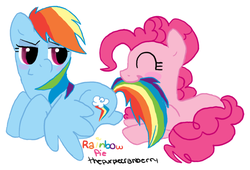 Size: 734x500 | Tagged: safe, artist:thepurplecranberry, edit, pinkie pie, rainbow dash, pony, g4, biting, cropped, female, lesbian, ship:pinkiedash, shipping, tail bite