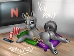 Size: 4000x3000 | Tagged: safe, artist:tehtigress, pony, advertisement, any gender, any species, auction, butt, commission, dock, female, food, full body, netflix, plot, popcorn, solo, tail, television, your character here
