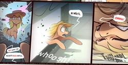 Size: 1280x653 | Tagged: safe, artist:icychamber, applejack, earth pony, pony, comic:the end, g4, comic, duo, speech bubble, text