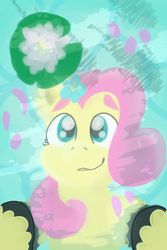 Size: 800x1200 | Tagged: safe, artist:antimationyt, fluttershy, pony, g4, bust, eyebrows, female, flower, flower in hair, front view, full face view, hooves, lilypad, looking at something, mare, reflection, smiling, solo, water