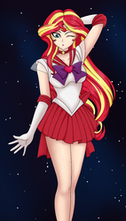 Size: 806x1417 | Tagged: safe, artist:anonix123, sunset shimmer, human, g4, anime, clothes, cosplay, costume, crossover, dress, female, gloves, humanized, long gloves, looking at you, one eye closed, sailor moon (series), solo, stars, wink